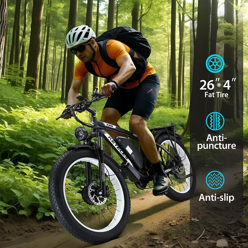 JESRIDER Dual Motor Electric Bike Road Legal 250W,Electric Mountain Bike,26"x4" Fat Tyre Ebikes,48V 23AH Removable Battery 60Miles Range,Front Suspension&Hydraulic Brakes,LCD Display Ebike(White23AH)