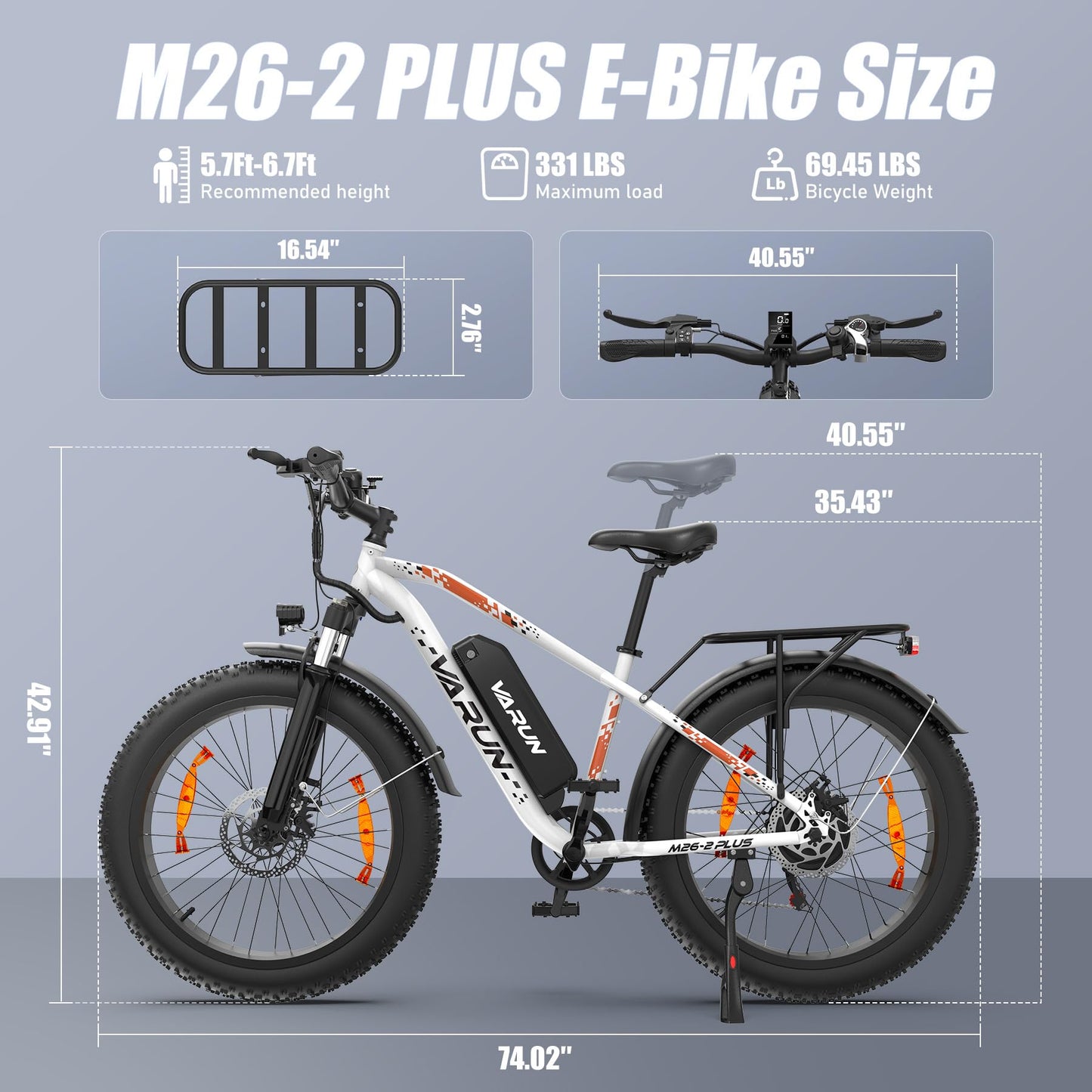 VARUN Electric Bike, 26" 4.0 Fat Tire Mountain Ebike with 48V 15Ah 720 Wh Li-Ion Battery, Up to 75 Miles, 250W 80Nm Motor, LCD Display with 5 PAS, Rear Rack, MTB for Adult Man and Woman
