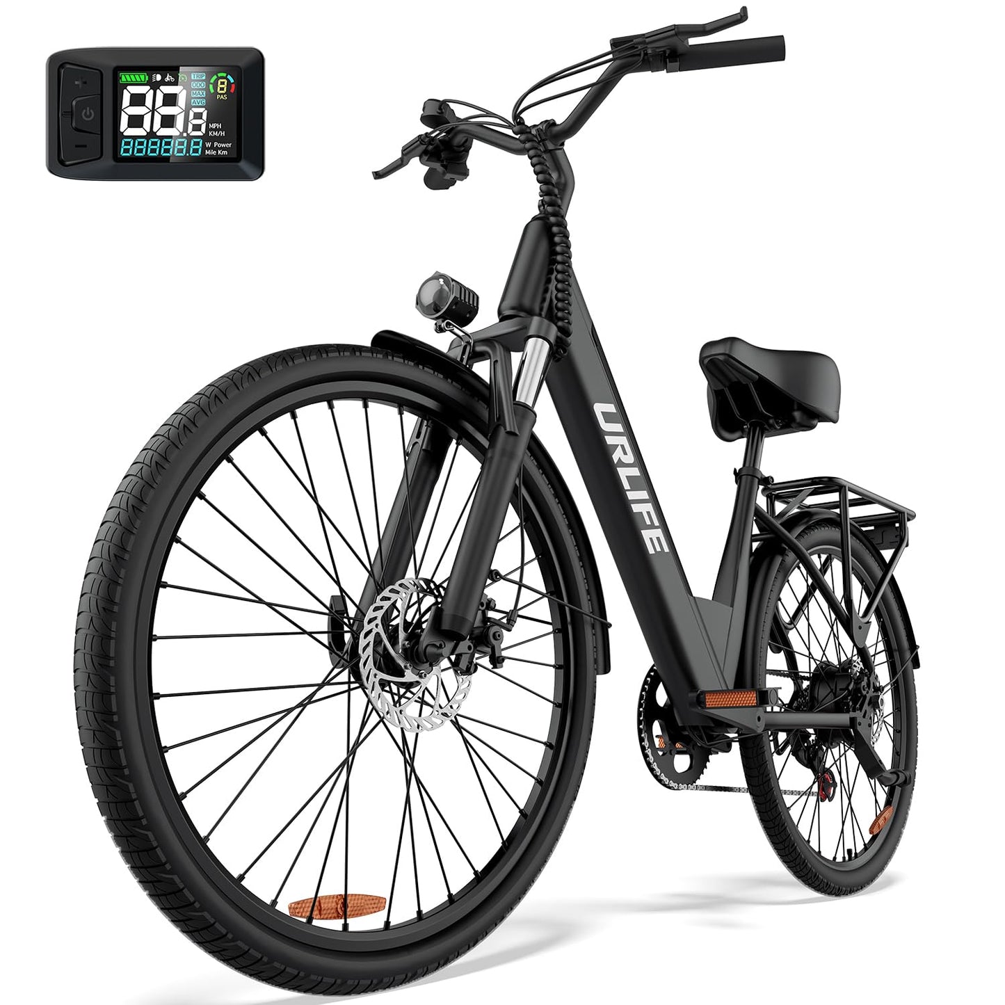 URLIFE 26" Electric Bike for Adults, Mountain Bike with LCD Display, 36V 13AH Removable Battery 250W Powerful Motor, 7-Speed Derailleur 80KM Max Range Ebike Commute MTB BLACK