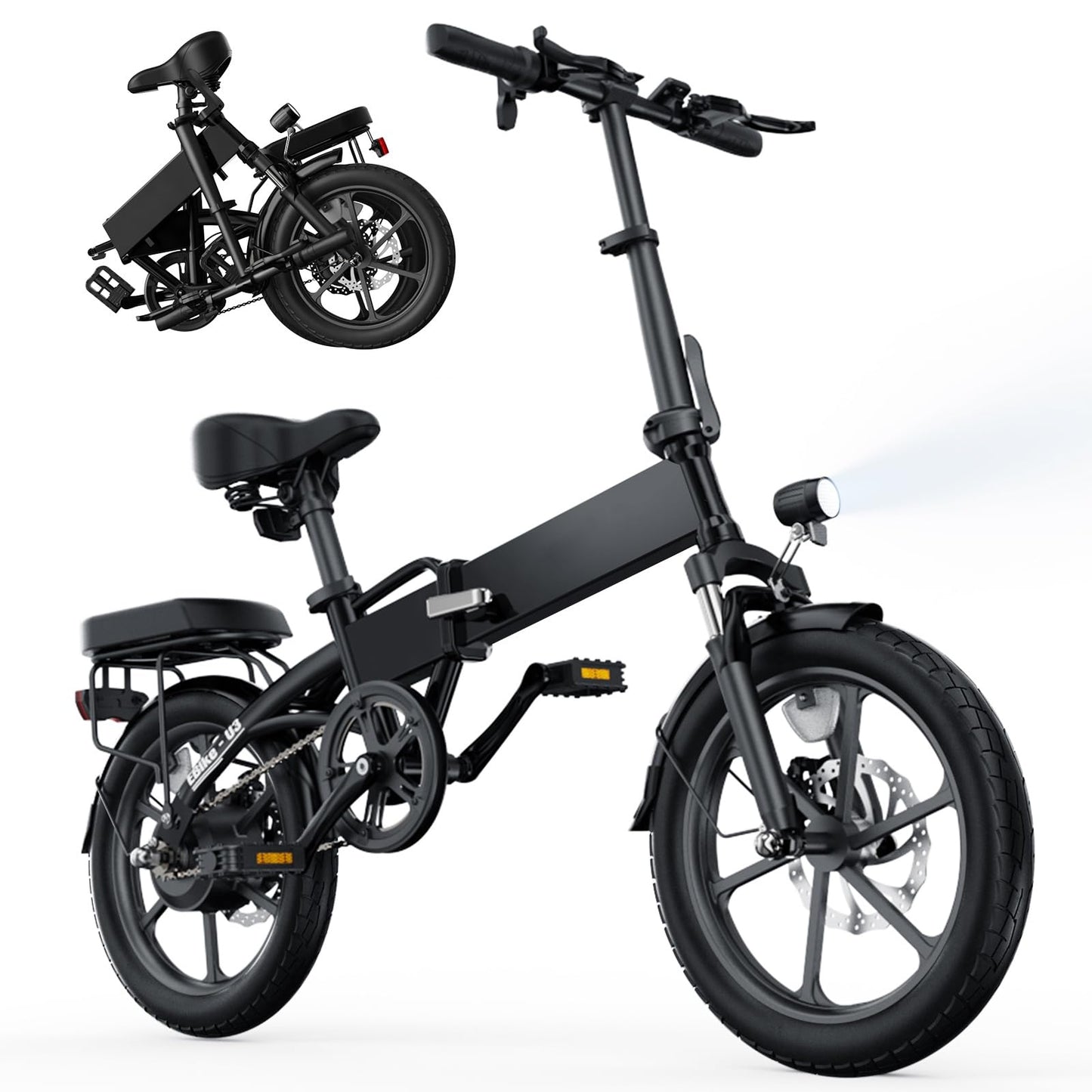 Finbike U3 Electric Folding Bike, 16 inch Portable Electric Bicycle, 2.5H Fast Charge Ebike, 25KM/H & 55KM Range, 3 Riding Modes, Front Shock Absorber, Foldable E-bike for Adults/Teens