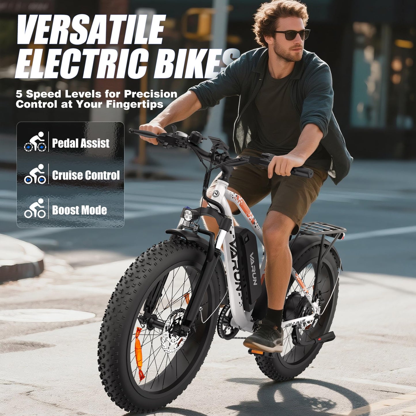 VARUN Electric Bike, 26" 4.0 Fat Tire Mountain Ebike with 48V 15Ah 720 Wh Li-Ion Battery, Up to 75 Miles, 250W 80Nm Motor, LCD Display with 5 PAS, Rear Rack, MTB for Adult Man and Woman