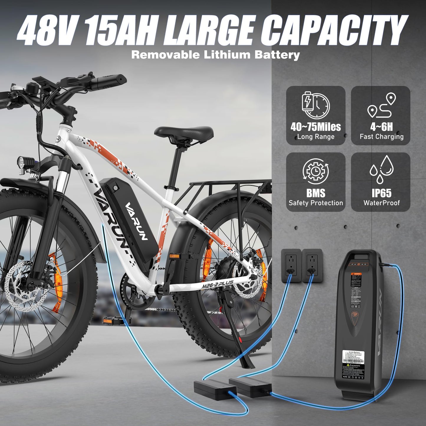 VARUN Electric Bike, 26" 4.0 Fat Tire Mountain Ebike with 48V 15Ah 720 Wh Li-Ion Battery, Up to 75 Miles, 250W 80Nm Motor, LCD Display with 5 PAS, Rear Rack, MTB for Adult Man and Woman