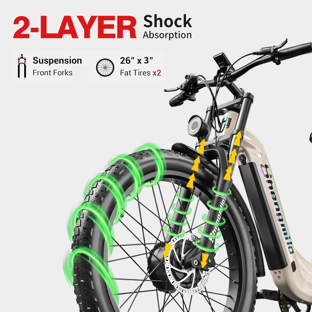 Shengmilo E Bike Electric Bike 26 Inch E-Mountain Bike full suspension E-Bike 48V17.5Ah Battery 7-Speed shifting electric cycling with Fat Tire mechanical disc brake aluminum frame