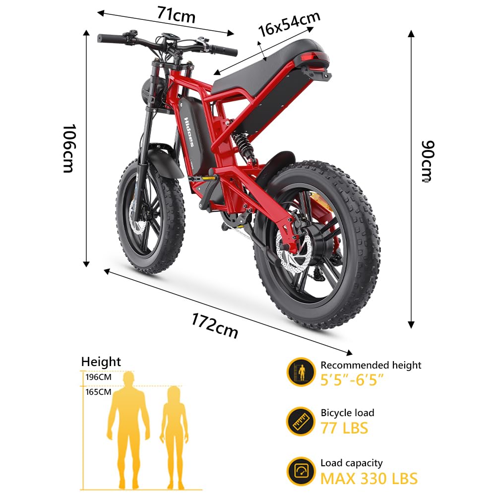 Fat Tire Electric Bike for Adults,15AH Removable Battery 80KM Range PAS Mode,Hidoes B6 Adult Electric Bicycle Up to 25Km/h,Dual shock absorption,20" x4.0 All-Terrain Tires,Shi-mano 7-Speed.