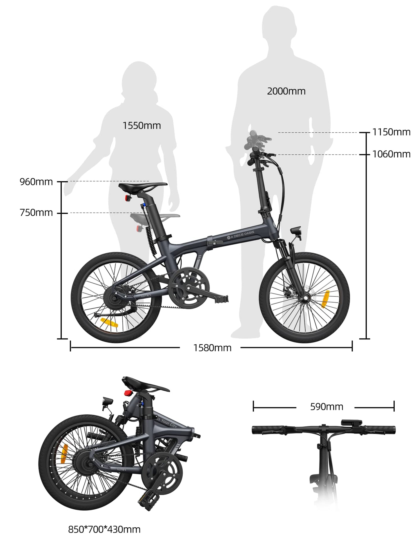 ADO Air20Pro Electric Bike Folding, EBike for Adults, 20" Folding Electric Bicycle, Belt Drive, Bafang Motor, ECO and SPORT Mode, Adjustable Shock Absorption, LCD, APP, Range Up To 100KM (Grey)