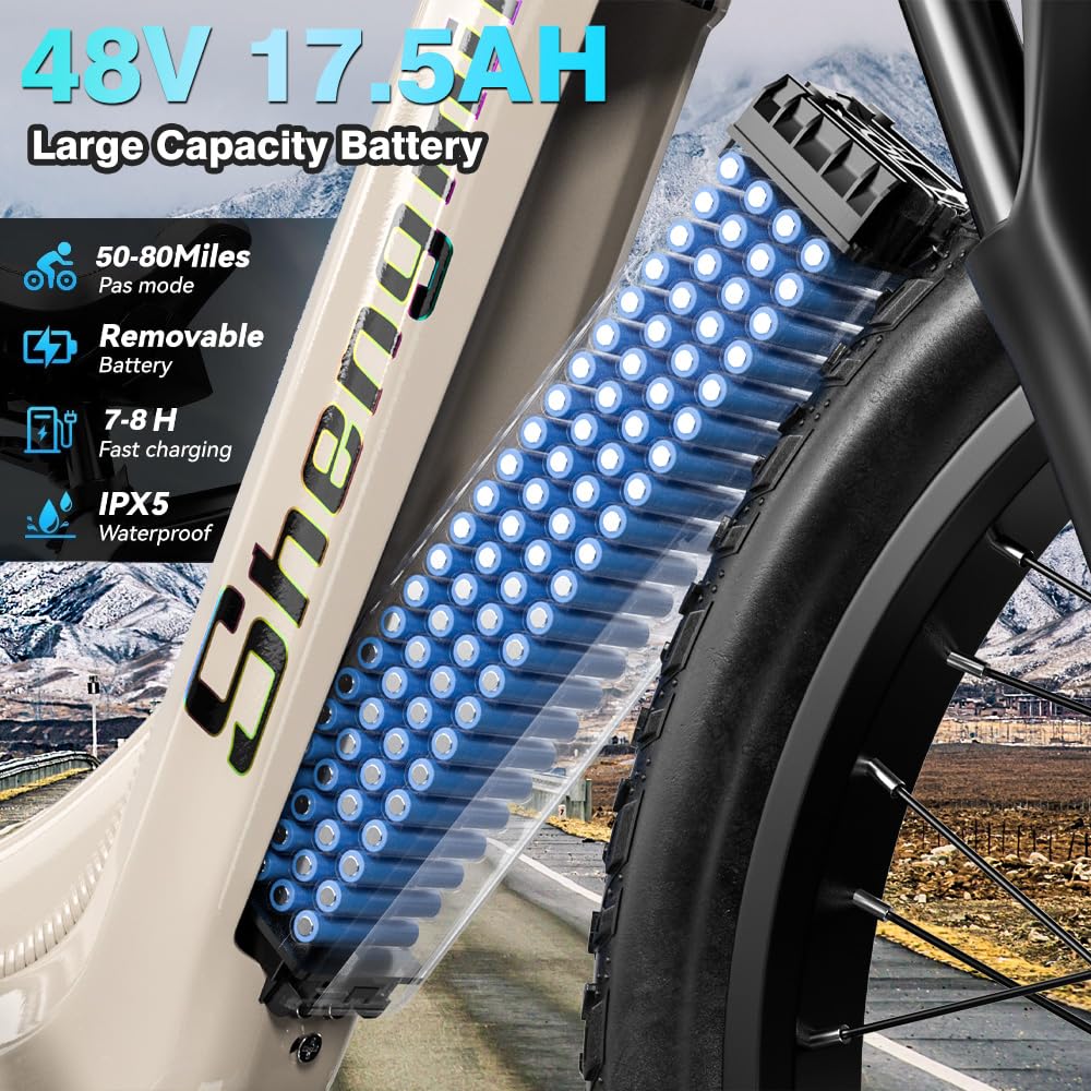 Shengmilo E Bike Electric Bike 26 Inch E-Mountain Bike full suspension E-Bike 48V17.5Ah Battery 7-Speed shifting electric cycling with Fat Tire mechanical disc brake aluminum frame