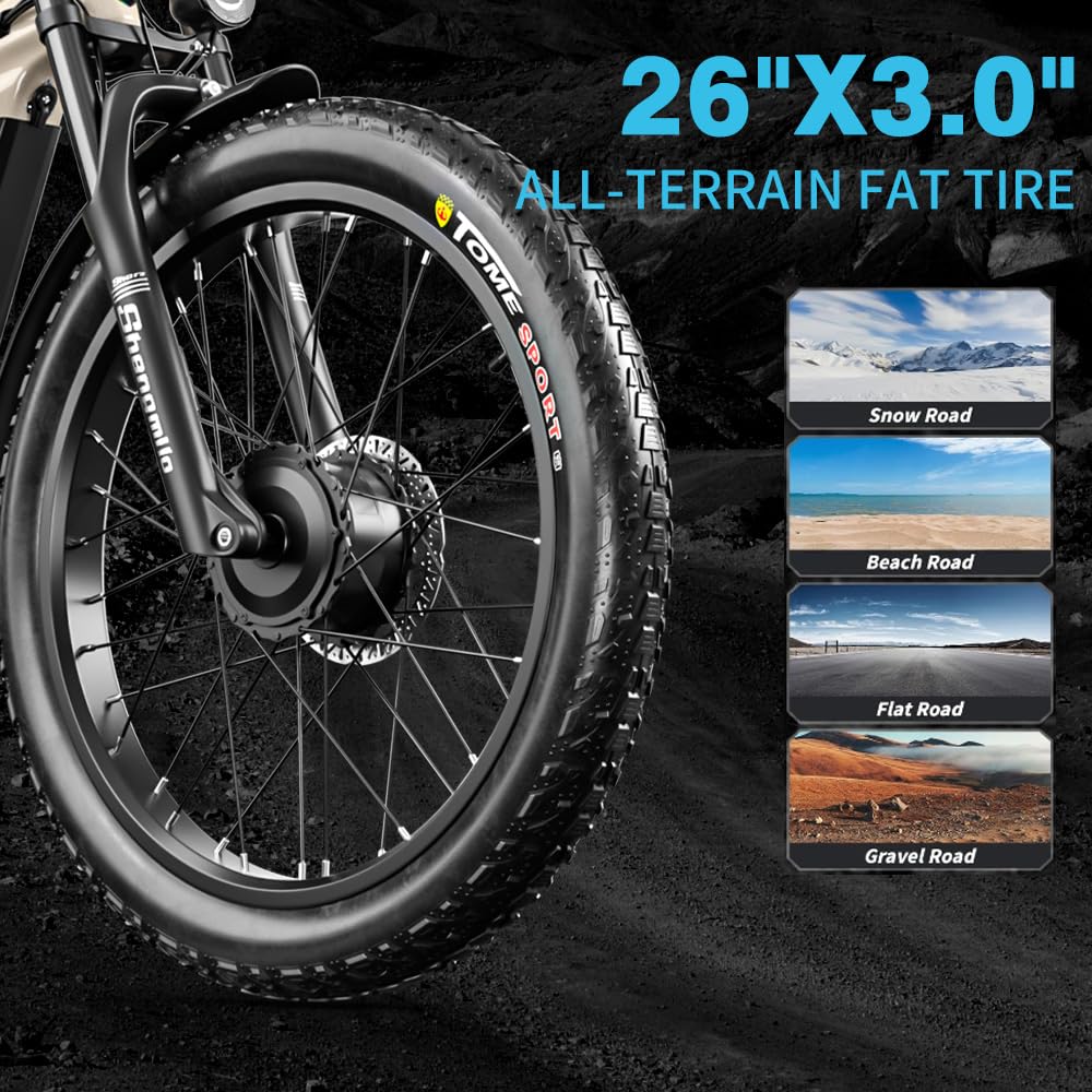 Shengmilo E Bike Electric Bike 26 Inch E-Mountain Bike full suspension E-Bike 48V17.5Ah Battery 7-Speed shifting electric cycling with Fat Tire mechanical disc brake aluminum frame