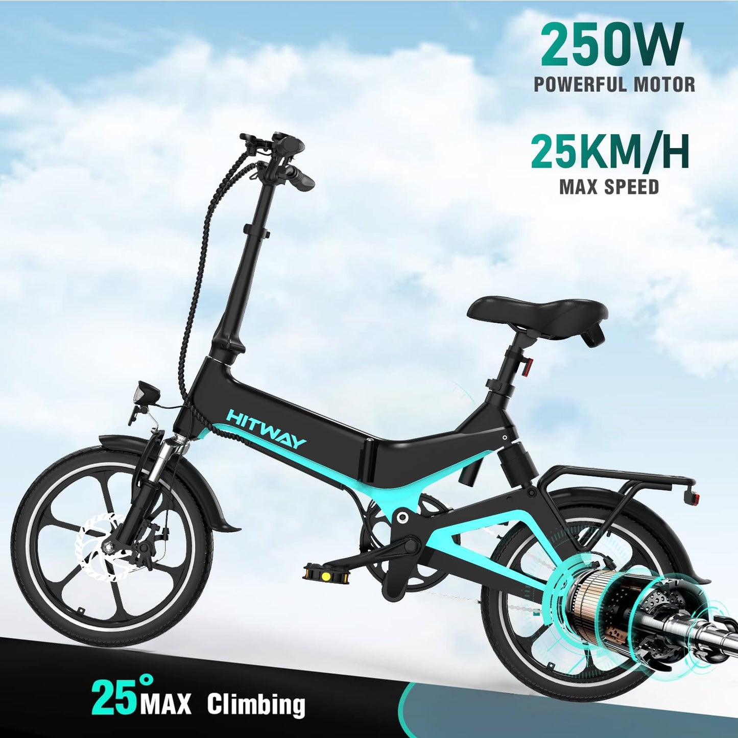 HITWAY BK2 Electric Bike, Folding Electric Bicycle with LCD Display, 25Km/h,16inch, 5 Riding Modes, 25KG Capacity, Compact Foldable Ebike, City E bike, 2025
