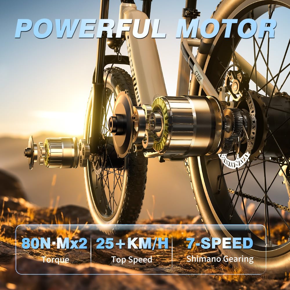 Shengmilo E Bike Electric Bike 26 Inch E-Mountain Bike full suspension E-Bike 48V17.5Ah Battery 7-Speed shifting electric cycling with Fat Tire mechanical disc brake aluminum frame