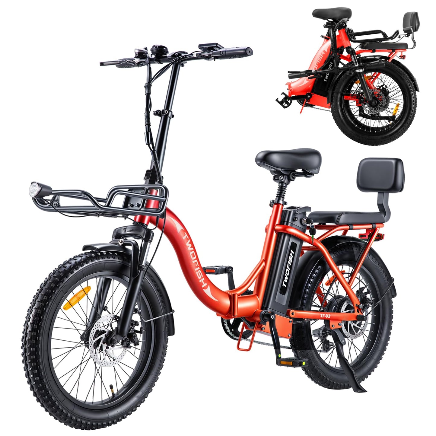 TWOFISH Electric Bike for Adults, 20"*3.0" Fat Tire Folding Electric Bicycle with 36V 17.8AH Removable Battery 7 Speed 25km/h 80-100km Range Disc Brake IP54 Waterproof, TF-2 (Orange)