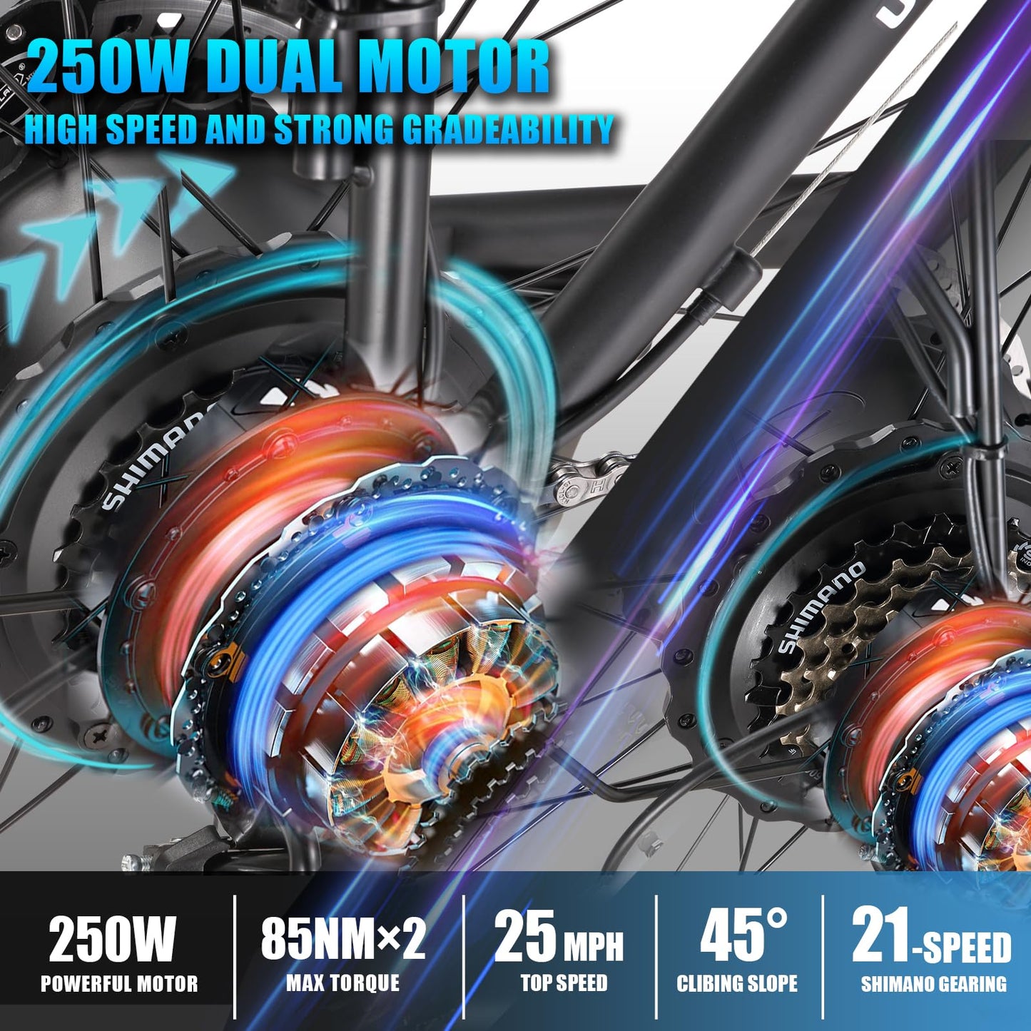 JESRIDER Dual Motor Electric Bike Road Legal 250W,Electric Mountain Bike,26"x4" Fat Tyre Ebikes,48V 23AH Removable Battery 60Miles Range,Front Suspension&Hydraulic Brakes,LCD Display Ebike(White23AH)