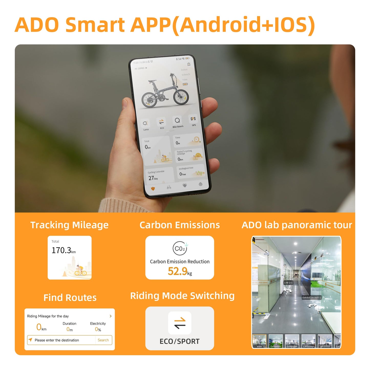 ADO Air20Pro Electric Bike Folding, EBike for Adults, 20" Folding Electric Bicycle, Belt Drive, Bafang Motor, ECO and SPORT Mode, Adjustable Shock Absorption, LCD, APP, Range Up To 100KM (Grey)