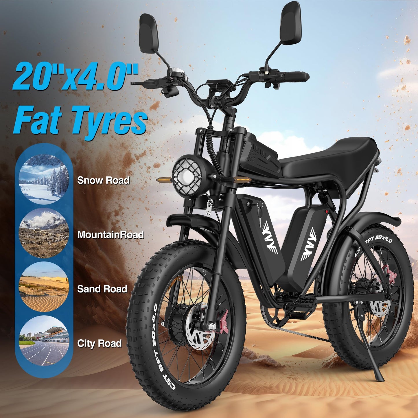 YVY C20 Max Electric Bike, 180 Miles Max Range, 52V 40Ah Removable Battery, 90Nm Dual Motor Ebike, 20" Fat Tire Dirt Bike, 7 Speed, Full Suspension, Hydraulic Dual Disc, LCD Display