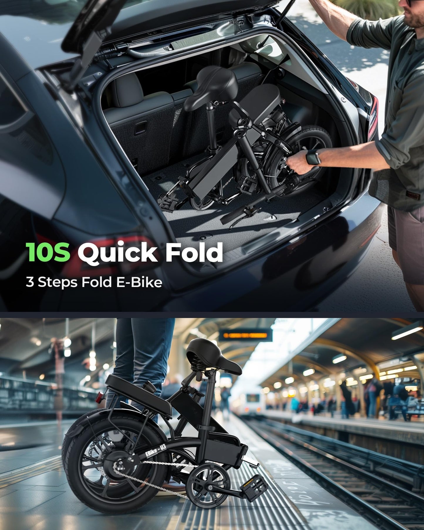 Finbike U3 Electric Folding Bike, 16 inch Portable Electric Bicycle, 2.5H Fast Charge Ebike, 25KM/H & 55KM Range, 3 Riding Modes, Front Shock Absorber, Foldable E-bike for Adults/Teens