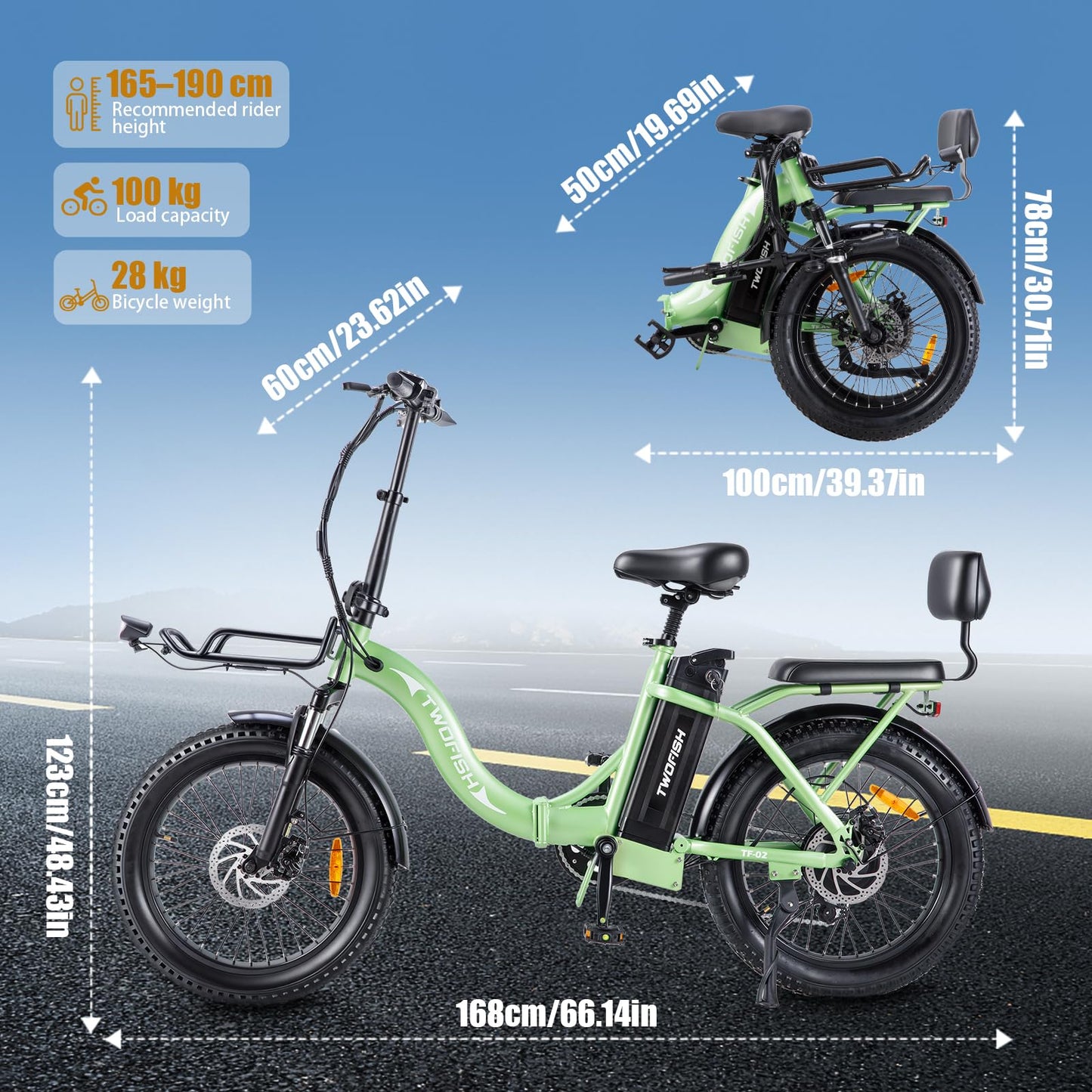 TWOFISH Electric Bike for Adults, 20"*3.0" Fat Tire Folding Electric Bicycle with 36V 17.8AH Removable Battery 7 Speed 25km/h 80-100km Range Disc Brake IP54 Waterproof, TF-2 (Orange)