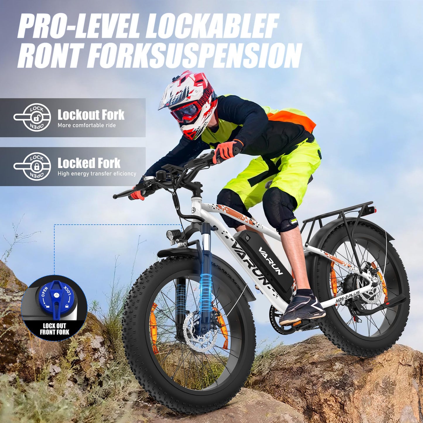 VARUN Electric Bike, 26" 4.0 Fat Tire Mountain Ebike with 48V 15Ah 720 Wh Li-Ion Battery, Up to 75 Miles, 250W 80Nm Motor, LCD Display with 5 PAS, Rear Rack, MTB for Adult Man and Woman