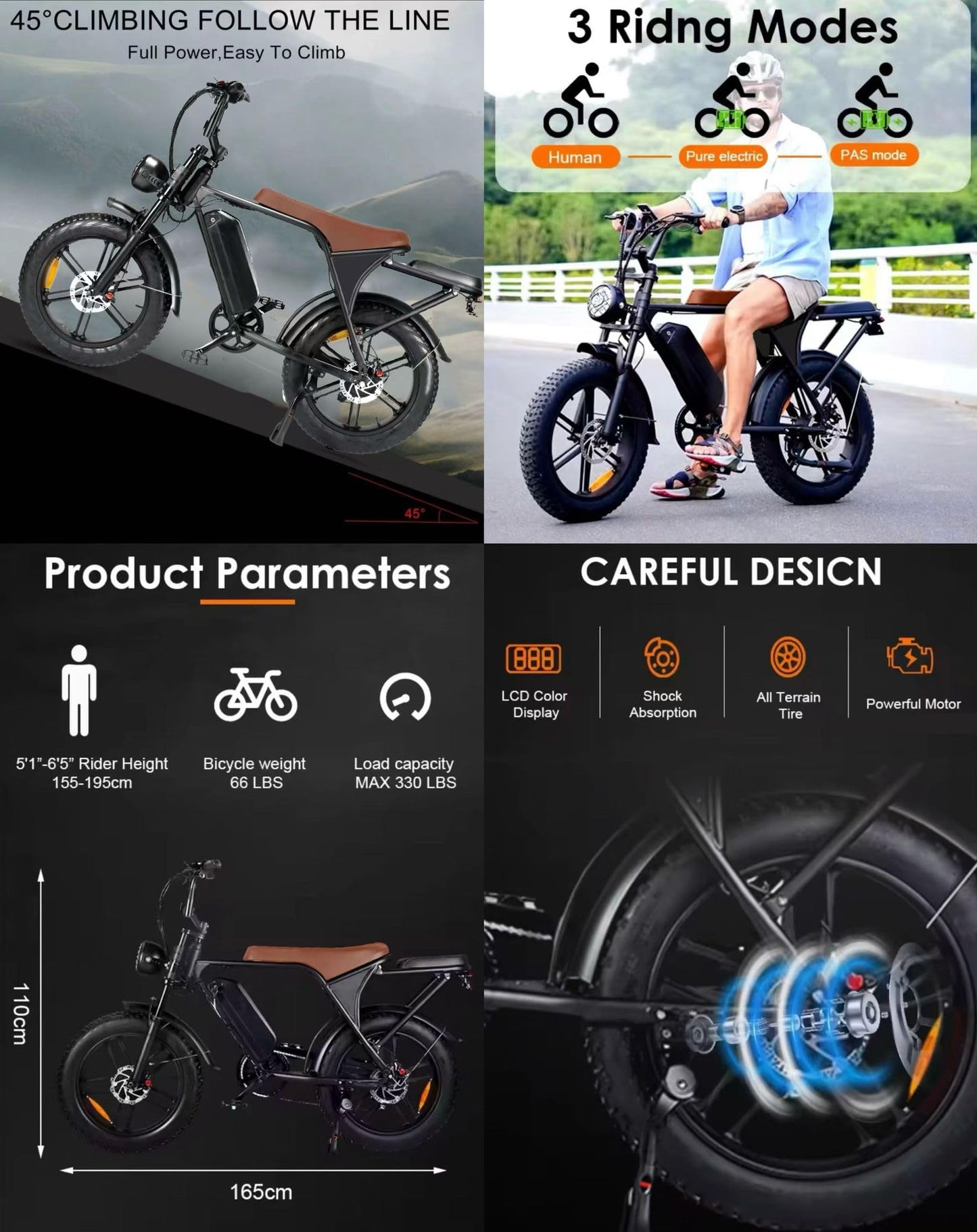 20” Electric Bike, 20 Inch E Bike, Hybrid Bike, Adult Bicycle, 48V 15AH Battery, Brushless Motor, LCD Display, 7 Gear, Rear Seat, Throttle, Suspension, Disc Brakes, Headlight, Indicators, New