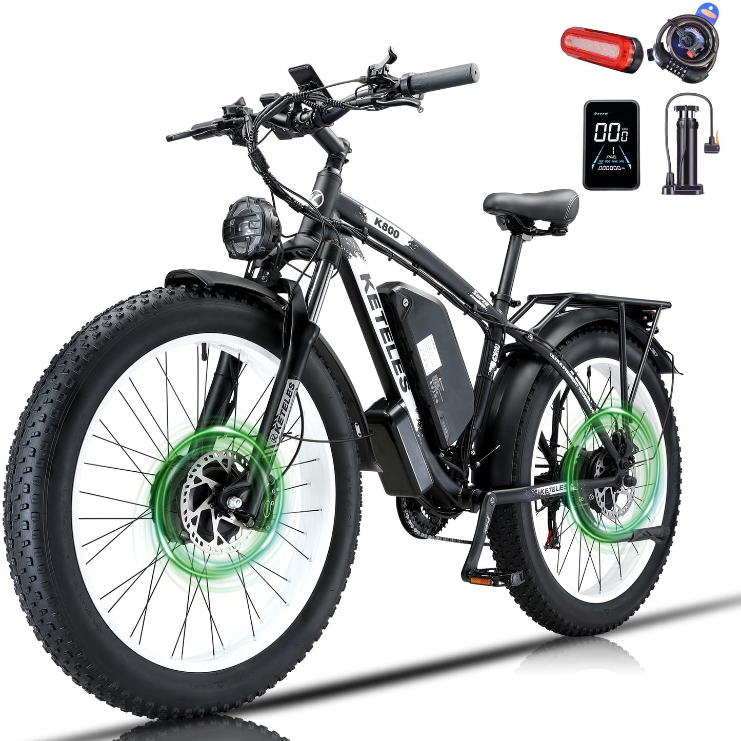 JESRIDER Dual Motor Electric Bike Road Legal 250W,Electric Mountain Bike,26"x4" Fat Tyre Ebikes,48V 23AH Removable Battery 60Miles Range,Front Suspension&Hydraulic Brakes,LCD Display Ebike(White23AH)
