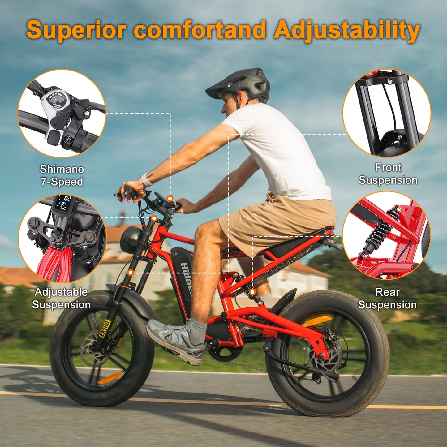 Fat Tire Electric Bike for Adults,15AH Removable Battery 80KM Range PAS Mode,Hidoes B6 Adult Electric Bicycle Up to 25Km/h,Dual shock absorption,20" x4.0 All-Terrain Tires,Shi-mano 7-Speed.