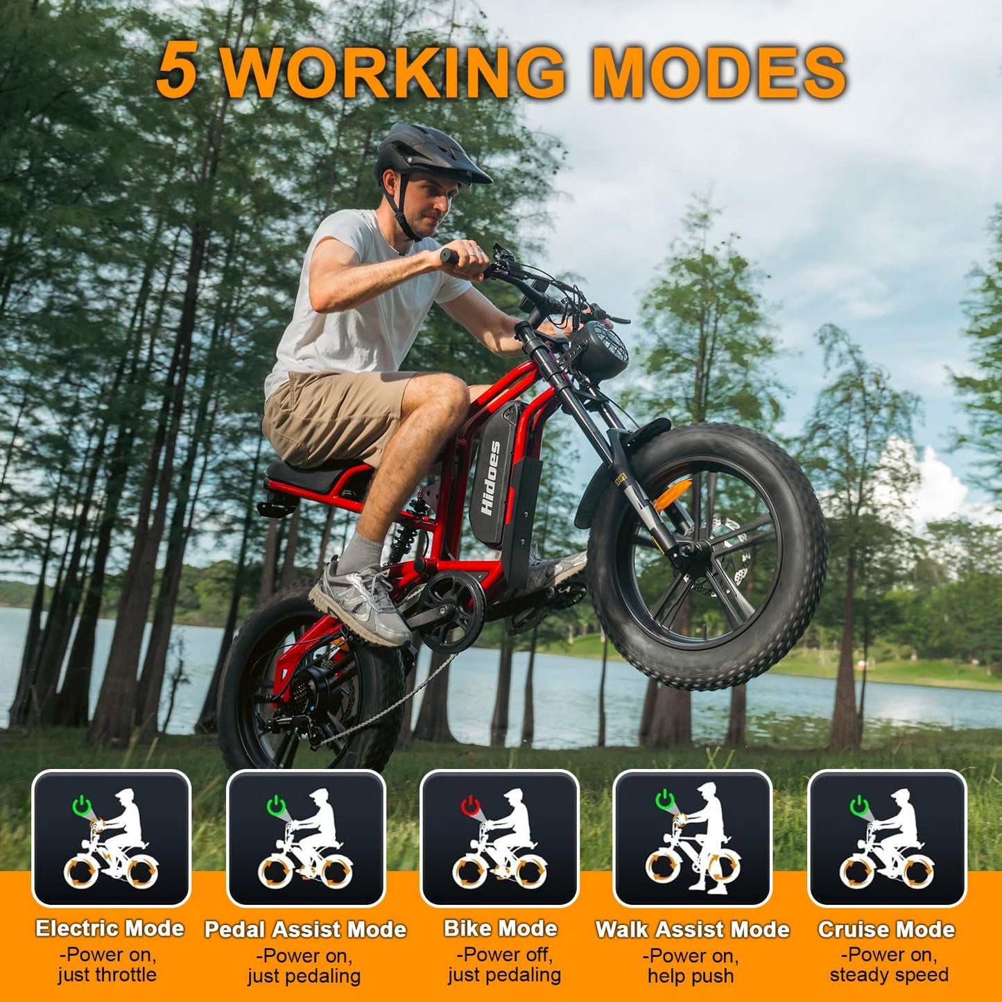 Fat Tire Electric Bike for Adults,15AH Removable Battery 80KM Range PAS Mode,Hidoes B6 Adult Electric Bicycle Up to 25Km/h,Dual shock absorption,20" x4.0 All-Terrain Tires,Shi-mano 7-Speed.