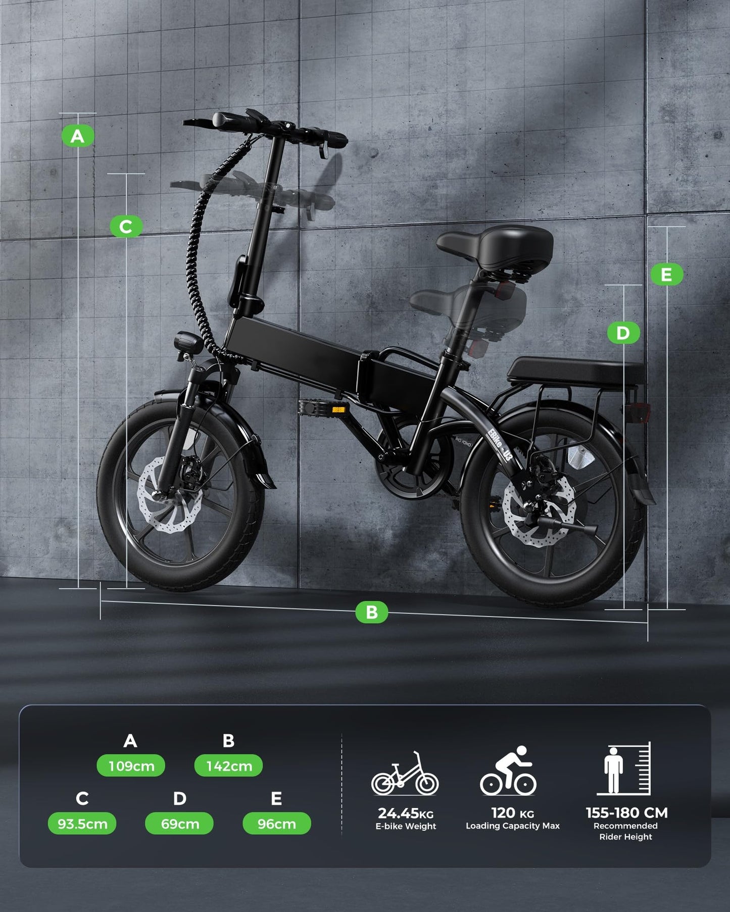 Finbike U3 Electric Folding Bike, 16 inch Portable Electric Bicycle, 2.5H Fast Charge Ebike, 25KM/H & 55KM Range, 3 Riding Modes, Front Shock Absorber, Foldable E-bike for Adults/Teens