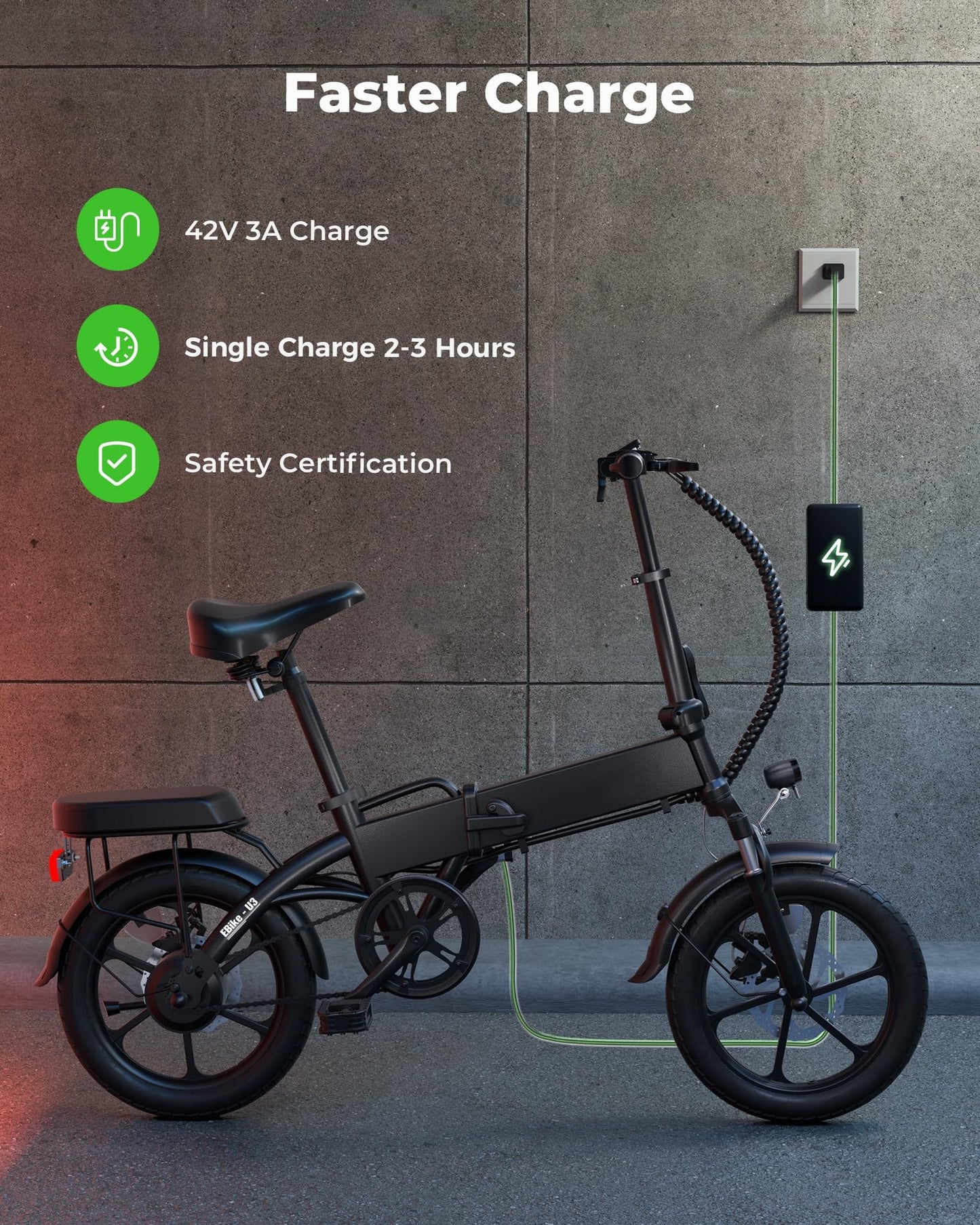 Finbike U3 Electric Folding Bike, 16 inch Portable Electric Bicycle, 2.5H Fast Charge Ebike, 25KM/H & 55KM Range, 3 Riding Modes, Front Shock Absorber, Foldable E-bike for Adults/Teens